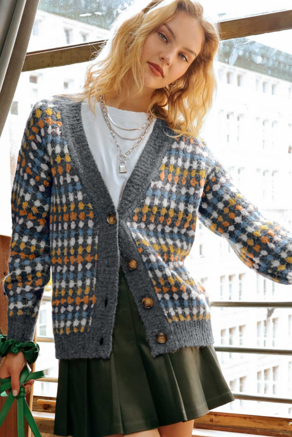 Multicolour Dotty Pattern Button Front V Neck Knit Cardigan