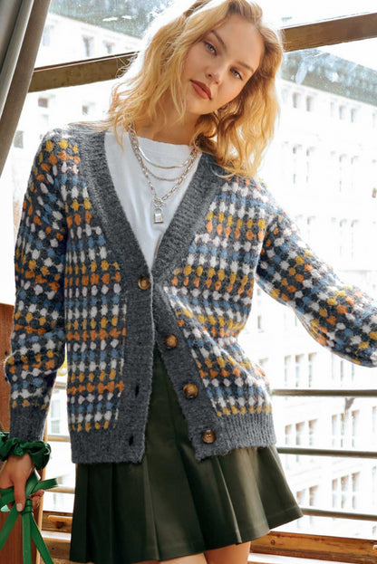 Multicolour Dotty Pattern Button Front V Neck Knit Cardigan