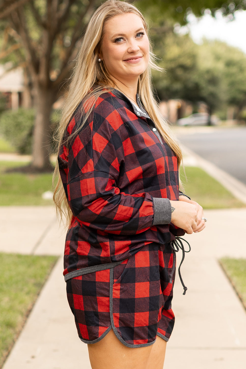 Red Christmas Buffalo Print Henley Top and Shorts Plus Size Matching Set