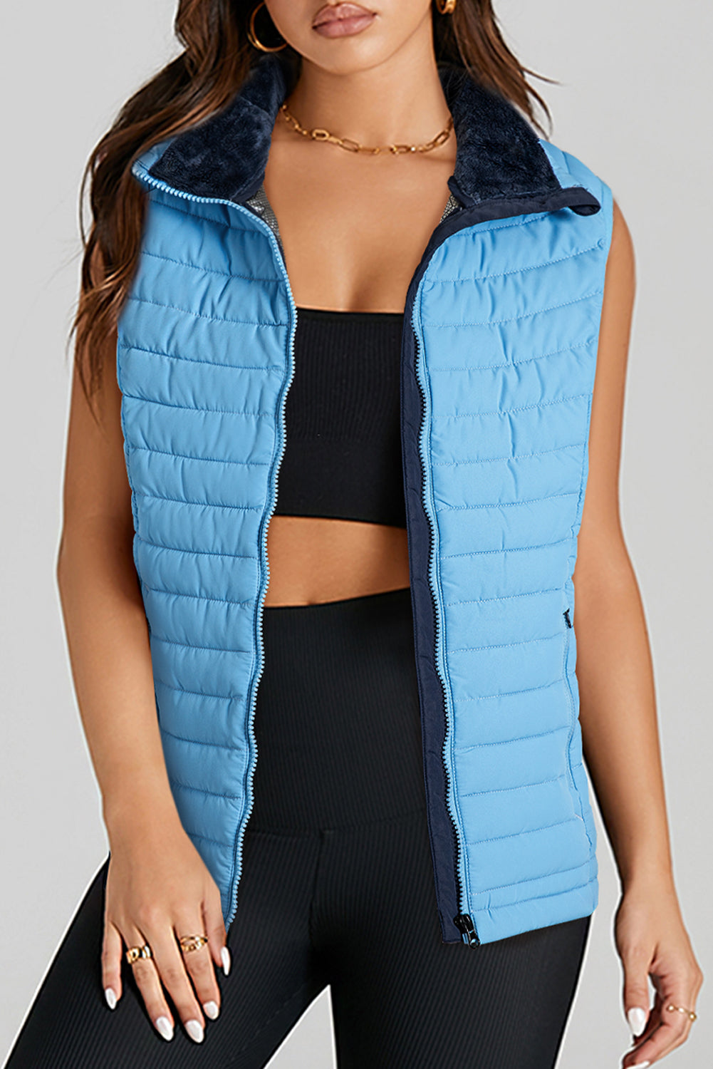 Silvery Plush Collared Quilted Zipped Puffer Vest