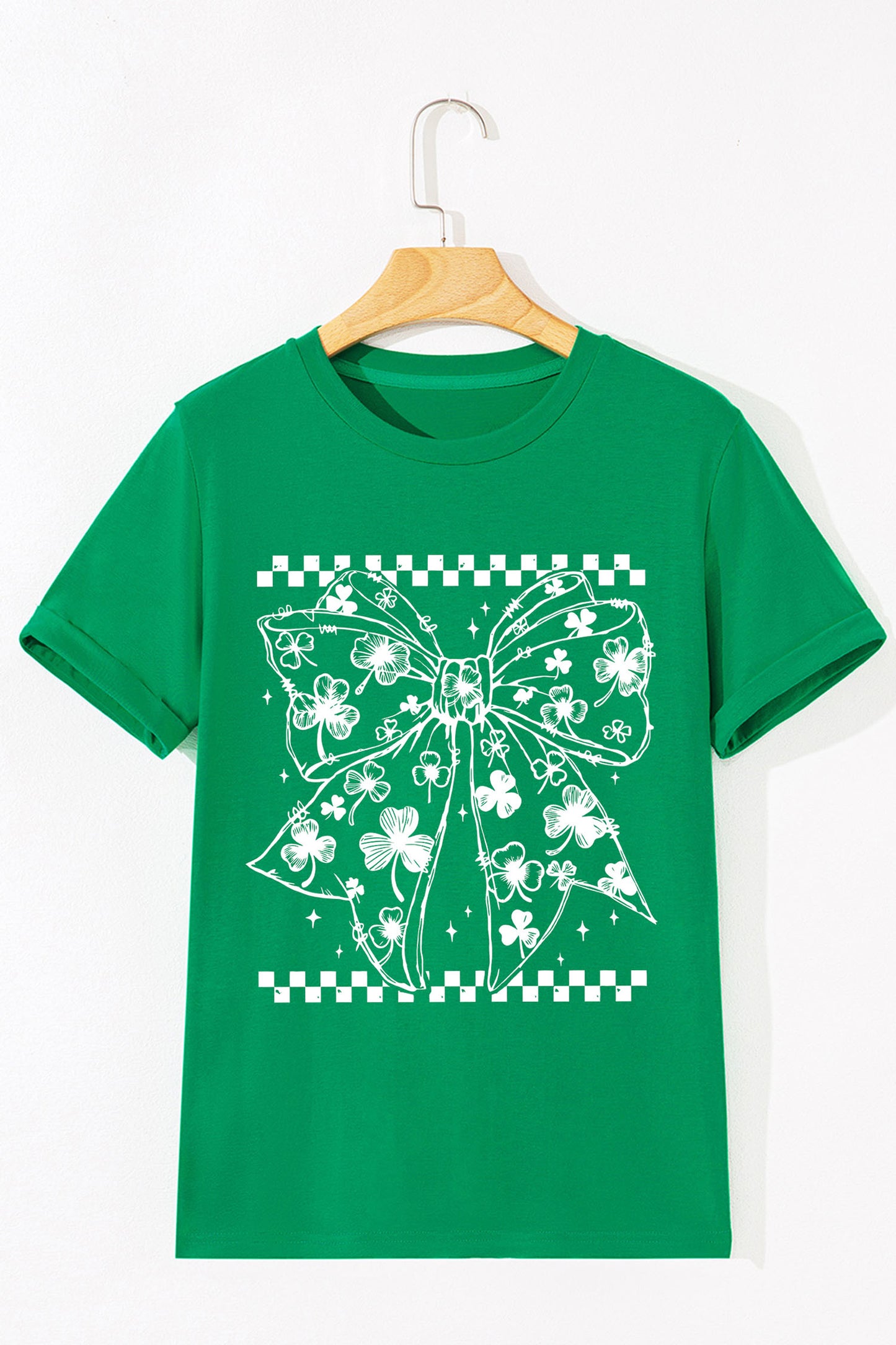 Bright Green Cute Clover Bow Checkered Detail Casual T Shirt