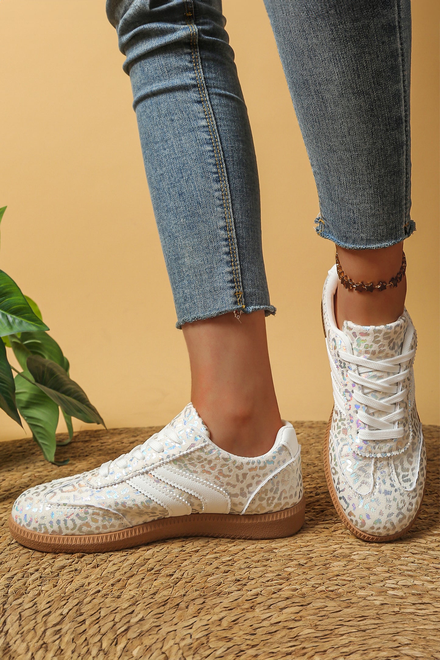 White PU Leather Detail Shimmer Leopard Printed Lace-up Sneakers