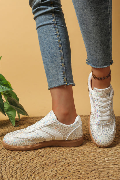 White PU Leather Detail Shimmer Leopard Printed Lace-up Sneakers
