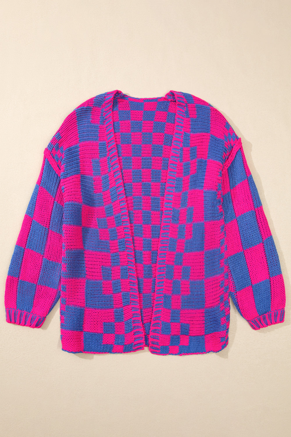 Dark Grey Colorblock Checked Loose Fit Open Front Knitted Cardigan