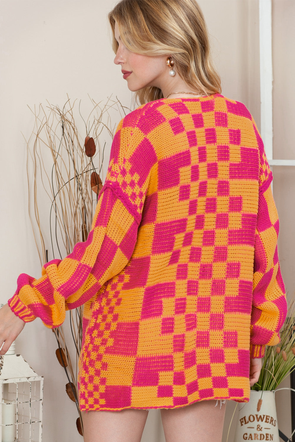 Dark Grey Colorblock Checked Loose Fit Open Front Knitted Cardigan