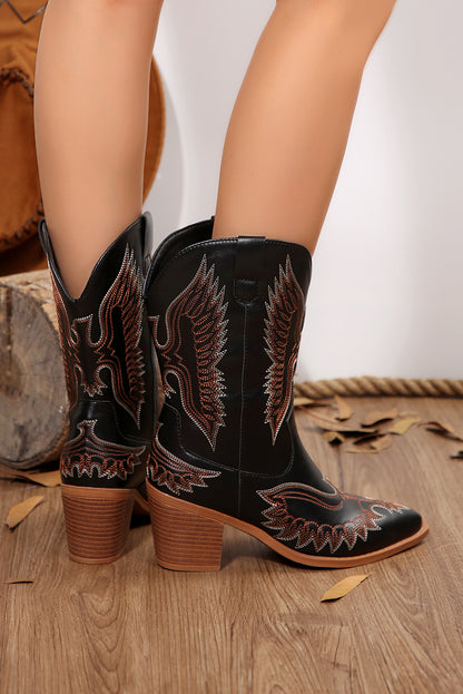Black Embroidered Pattern Point Toe Mid Calf Boots