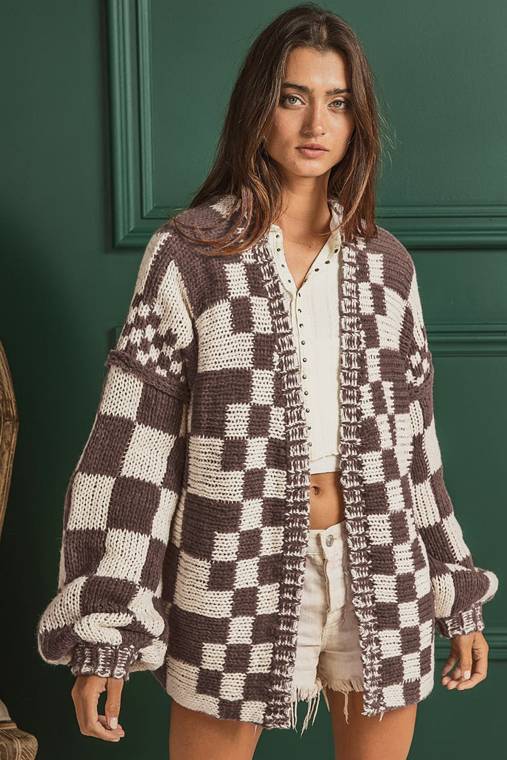 Dark Grey Colorblock Checked Loose Fit Open Front Knitted Cardigan
