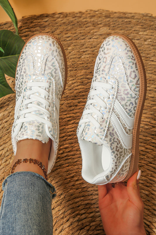 White PU Leather Detail Shimmer Leopard Printed Lace-up Sneakers
