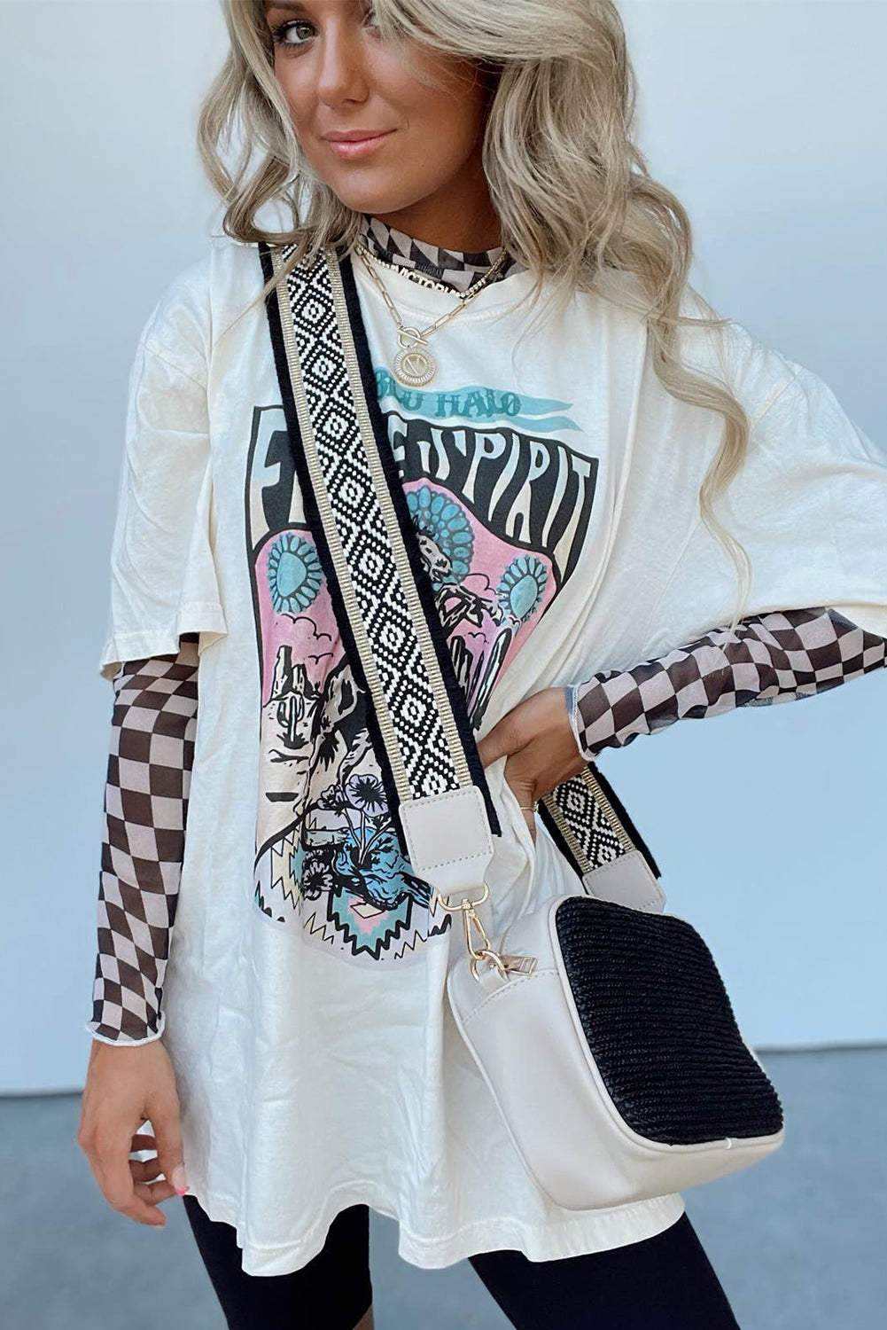 Rose Checkered Pattern Mesh Long Sleeve Top