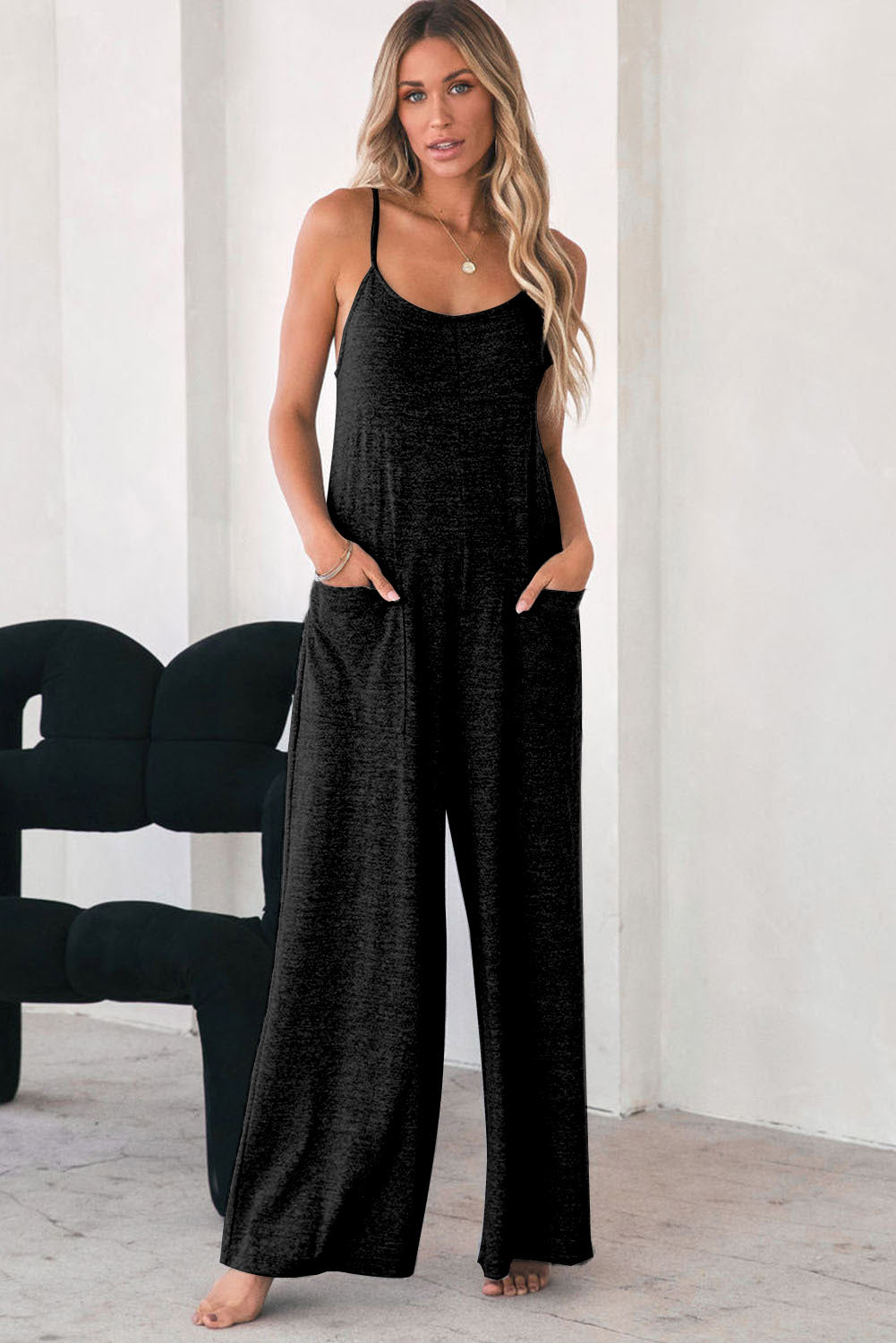 Black Loose Fit Side Pockets Spaghetti Strap Wide Leg Jumpsuit