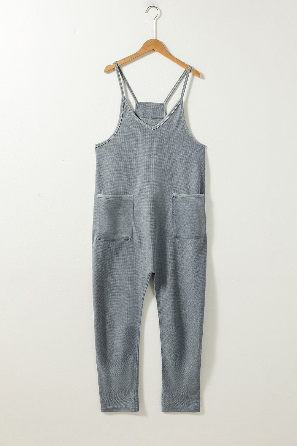 Gray Waffle Knit Spaghetti Strap Pocketed Jumpsuit