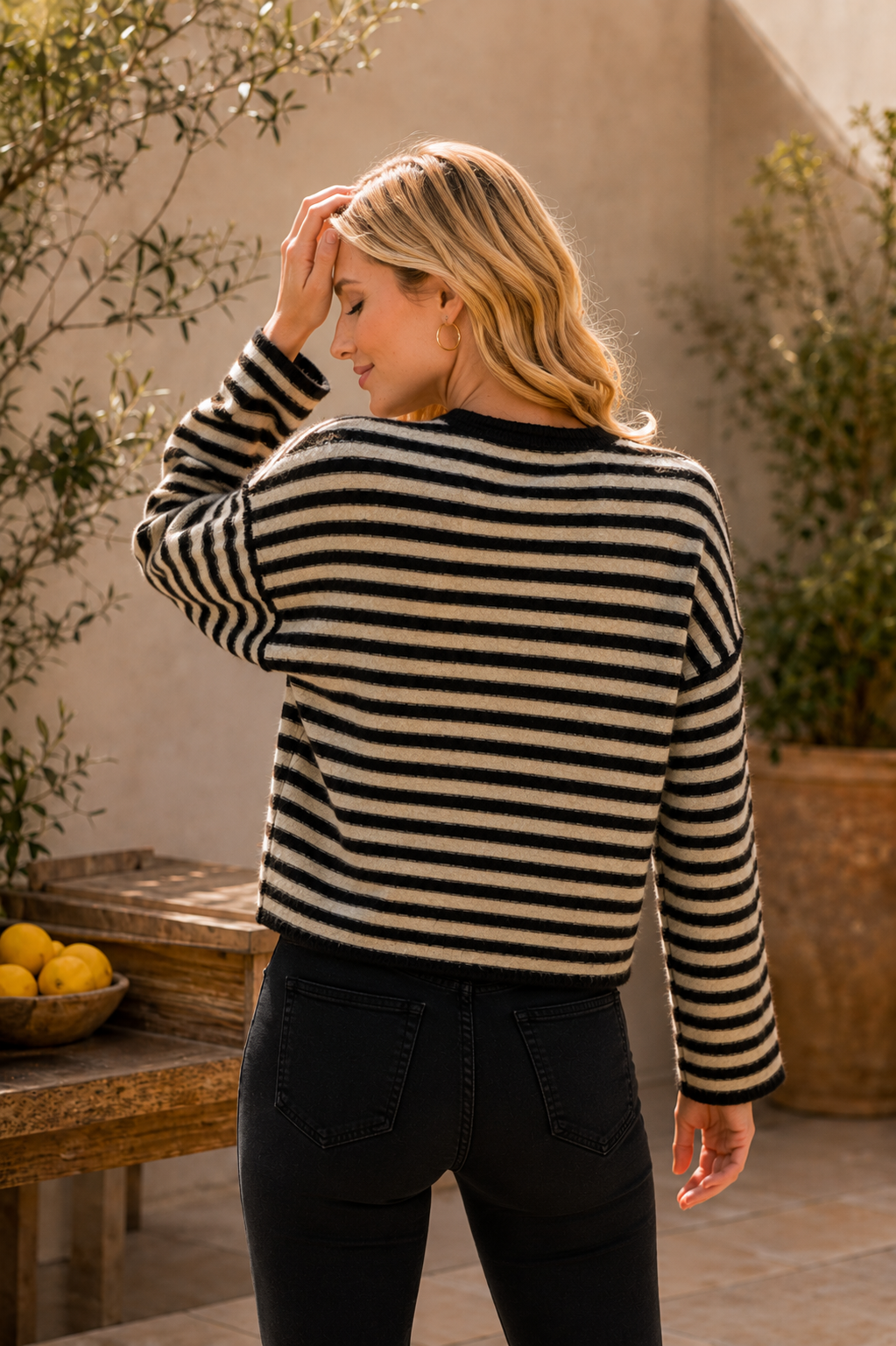 Striped Crew Neck Long Sleeve Top w/ Button Details