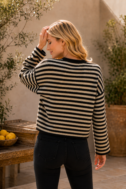 Striped Crew Neck Long Sleeve Top w/ Button Details