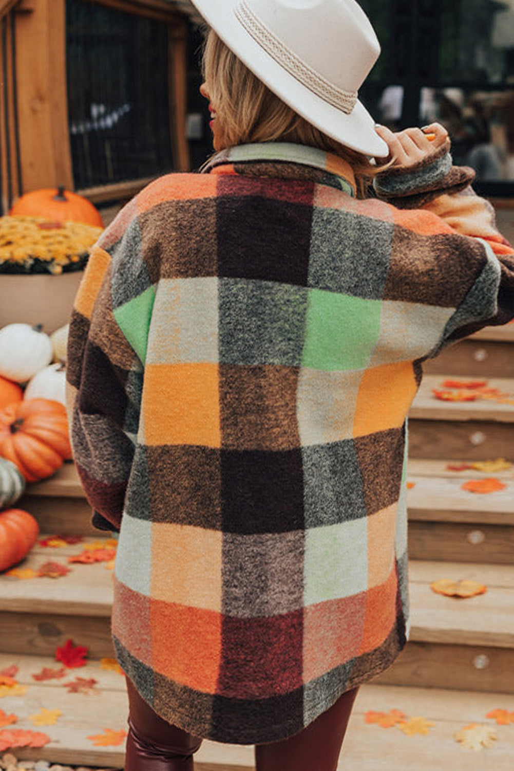 Orange Plaid Print Flap Pocket Shacket