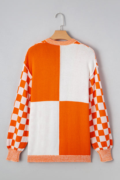 Orange Checkered Open Front Drop Shoulder Cardigan