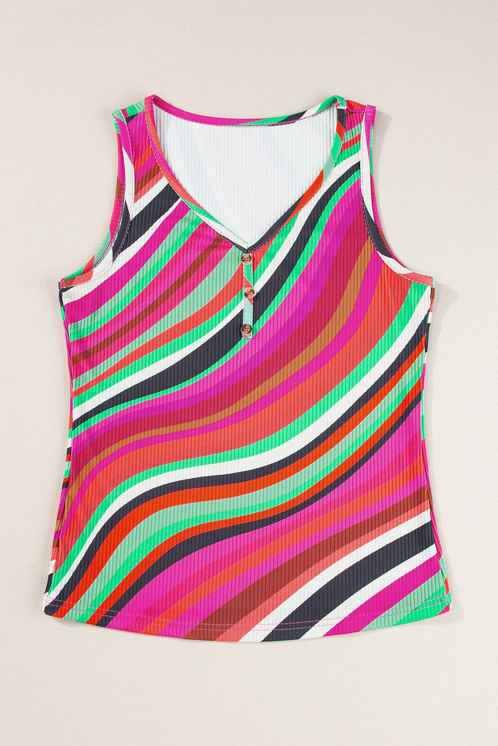 Multicolor Striped Print Henley Neck Tank Top