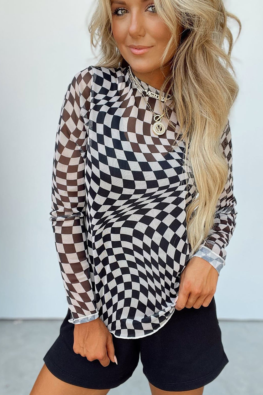 Rose Checkered Pattern Mesh Long Sleeve Top