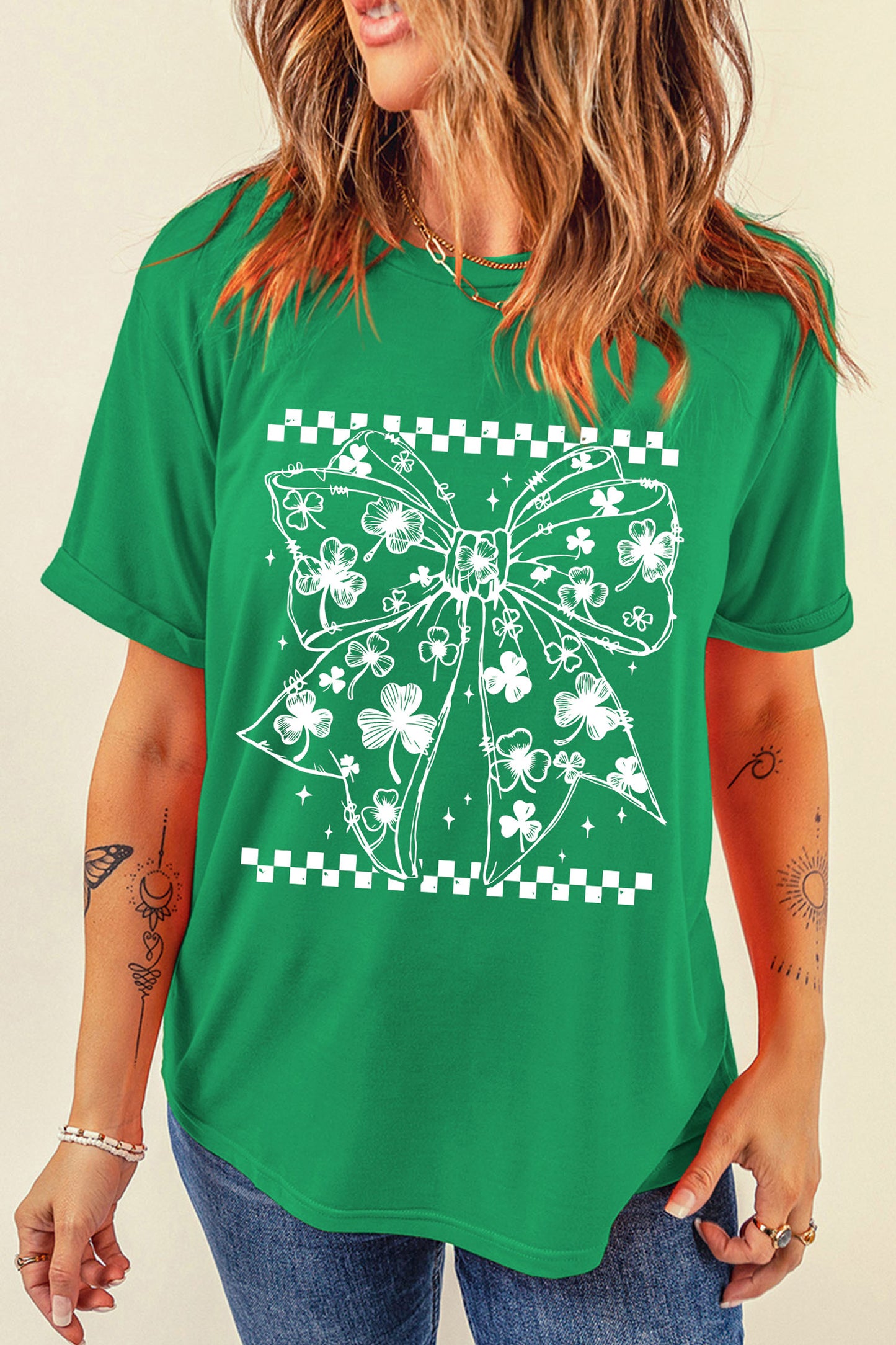 Bright Green Cute Clover Bow Checkered Detail Casual T Shirt