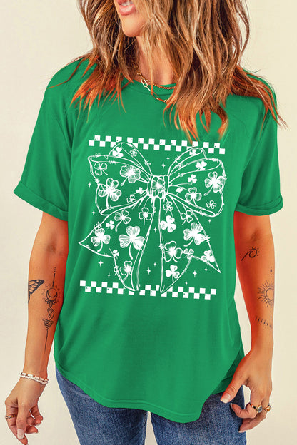 Bright Green Cute Clover Bow Checkered Detail Casual T Shirt