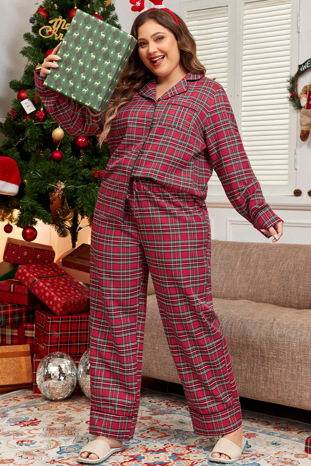 Red Plaid Print Shirt and Drawstring Pants Plus Size Pajama Set