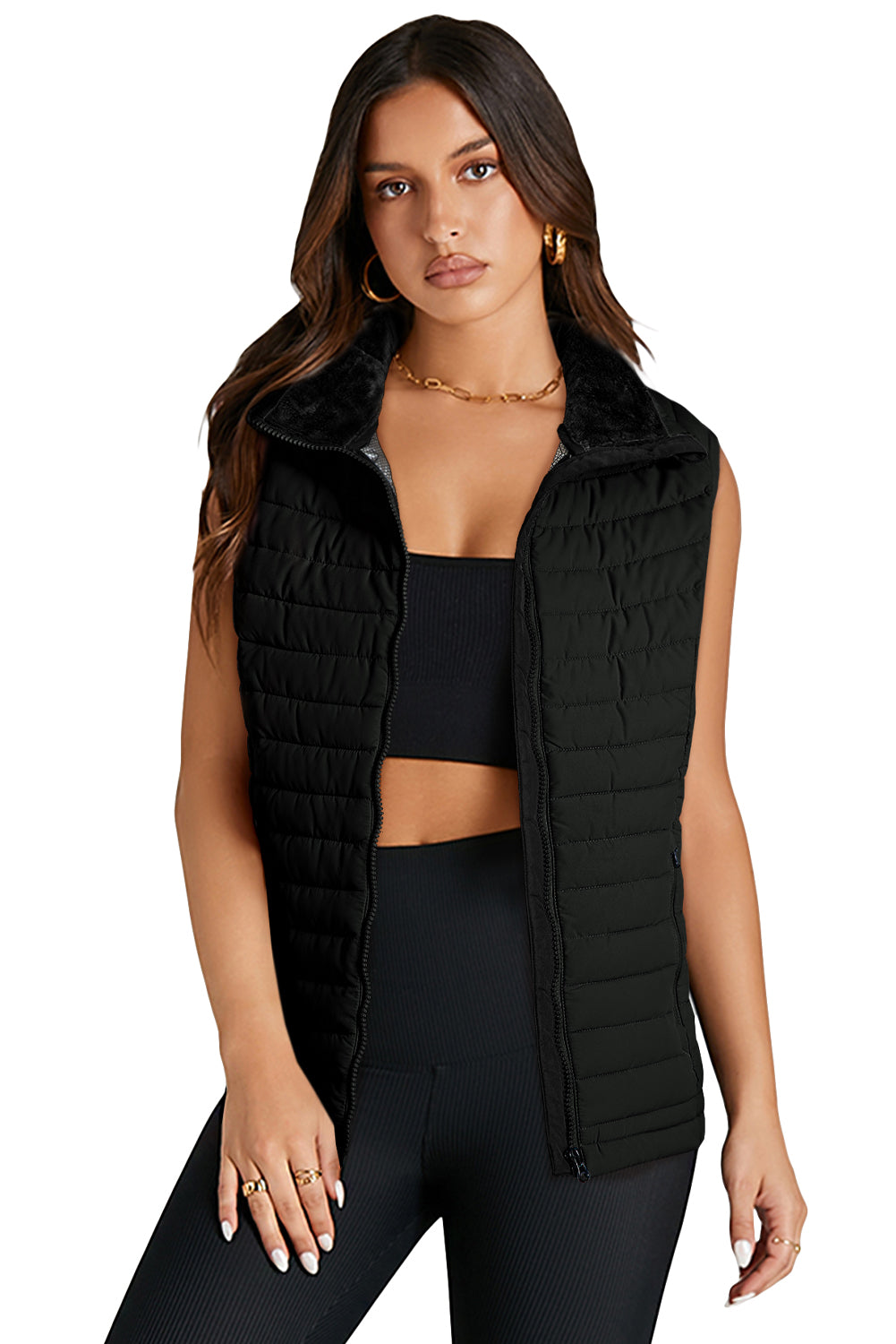 Silvery Plush Collared Quilted Zipped Puffer Vest