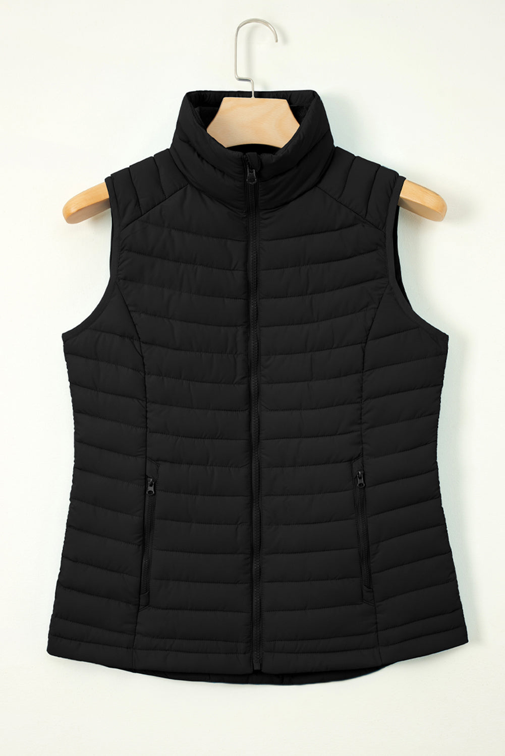 Silvery Plush Collared Quilted Zipped Puffer Vest