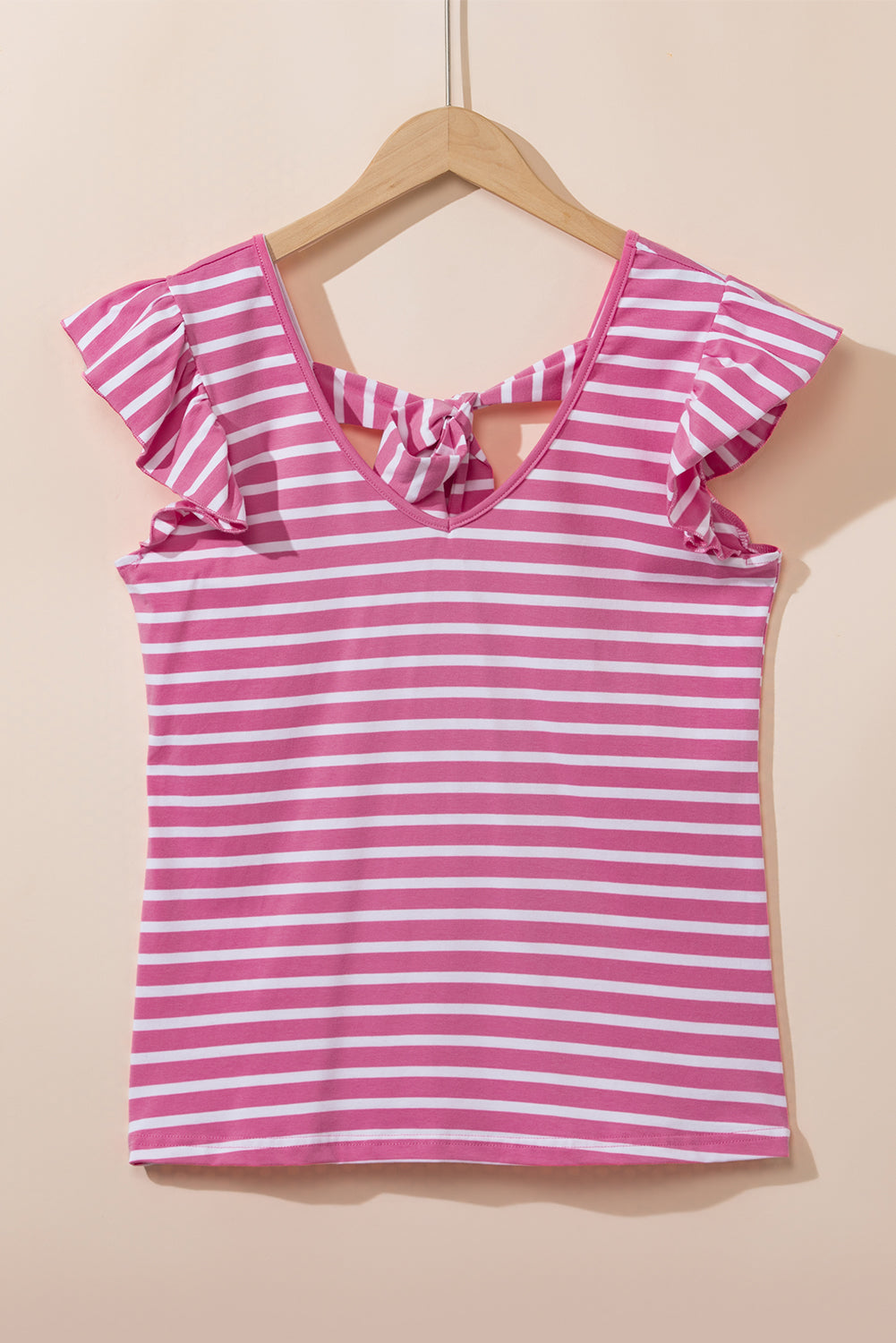 White Stripe V Neck Knotted Backless Ruffle T Shirt