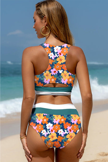 Green Floral Print Racerback High Waist Bikini Swimwear