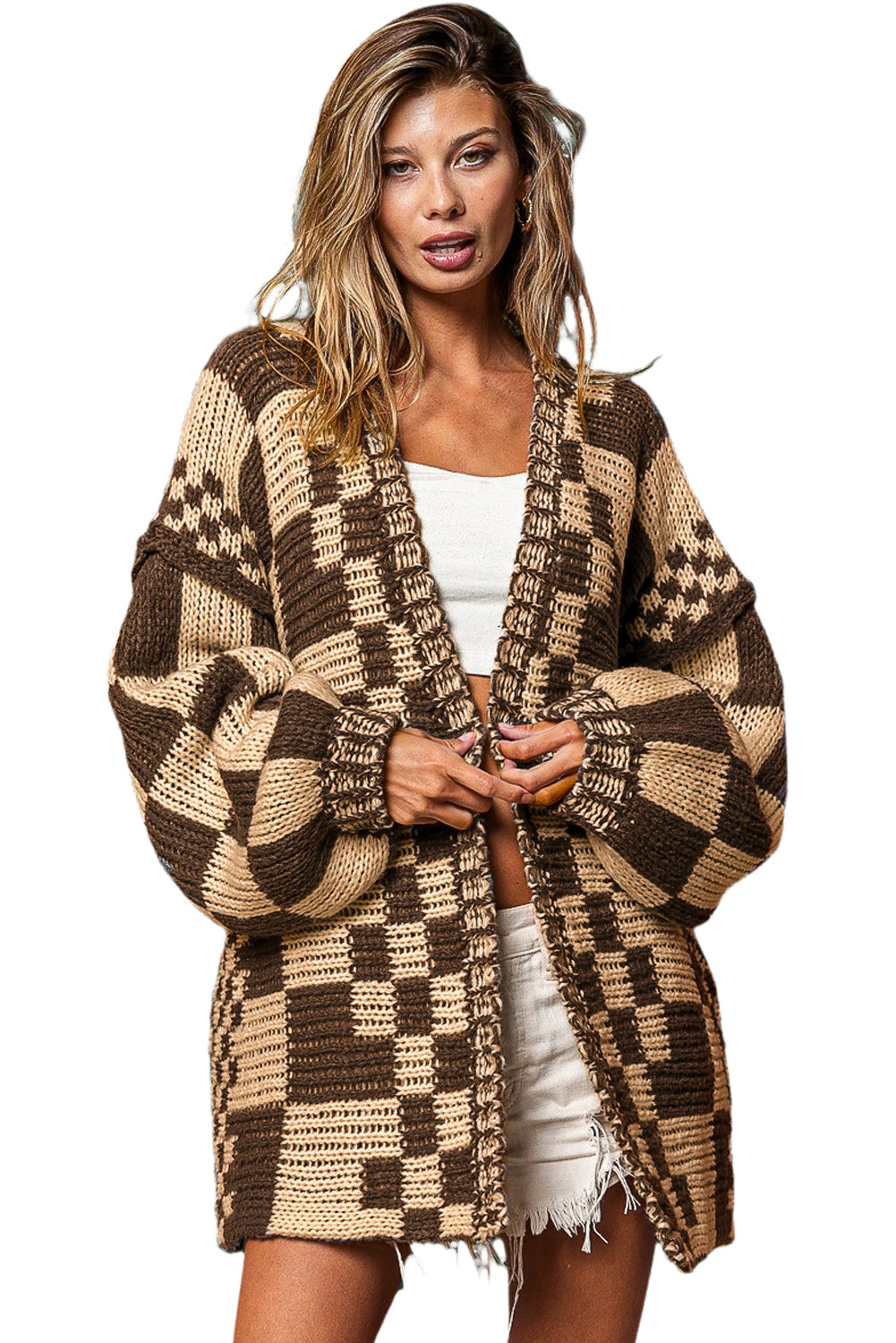 Dark Grey Colorblock Checked Loose Fit Open Front Knitted Cardigan
