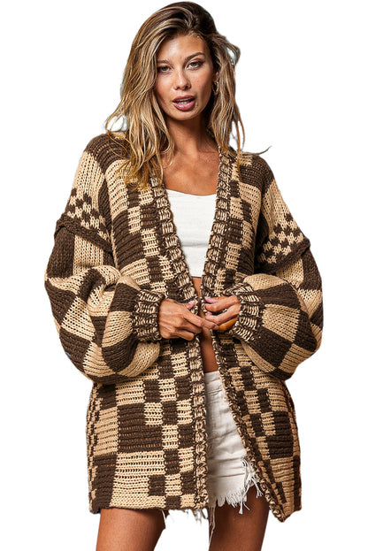 Dark Grey Colorblock Checked Loose Fit Open Front Knitted Cardigan