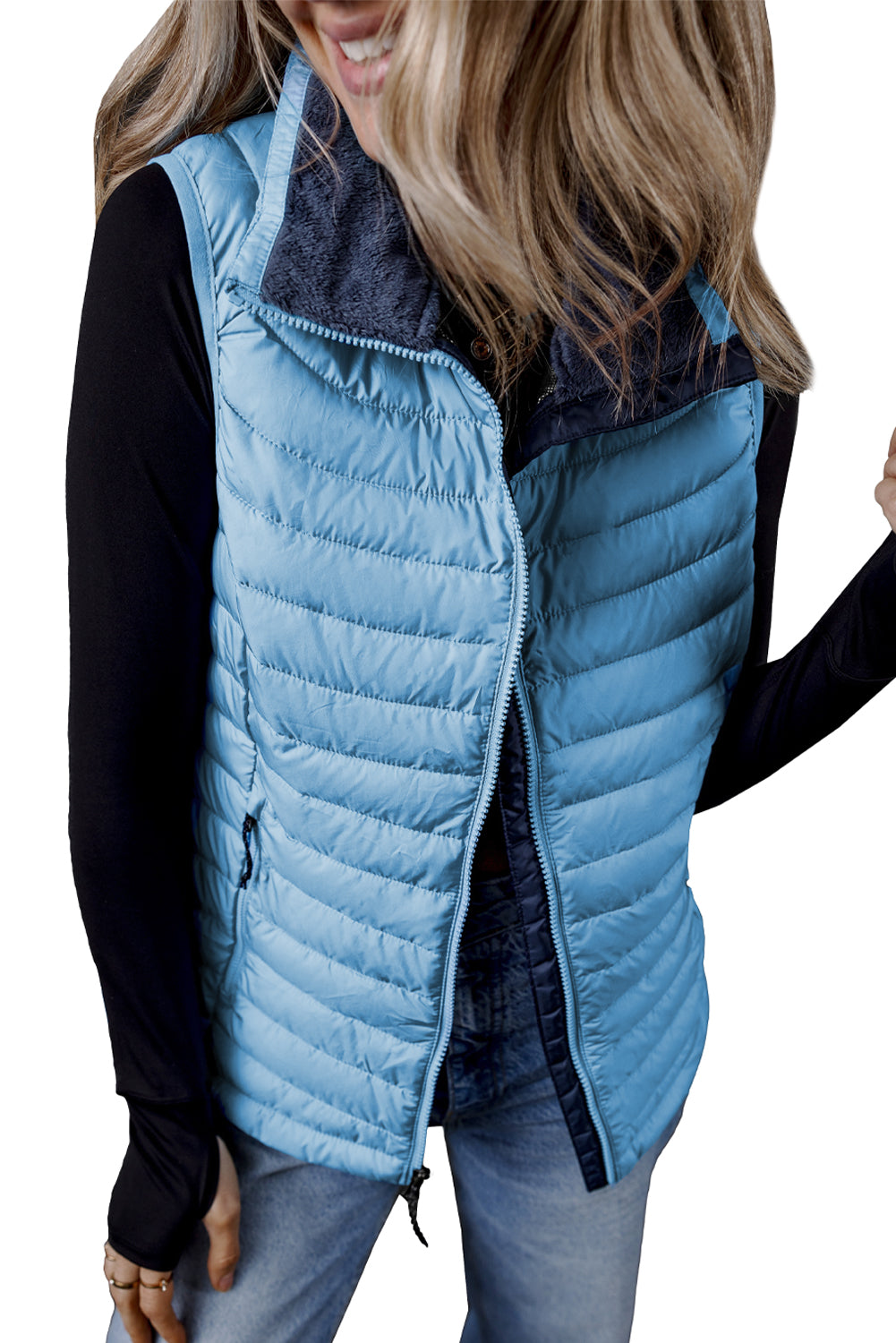 Silvery Plush Collared Quilted Zipped Puffer Vest