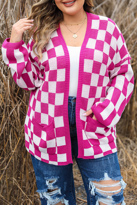 Bonbon Checkered Pattern Open Front Plus Size Cardigan