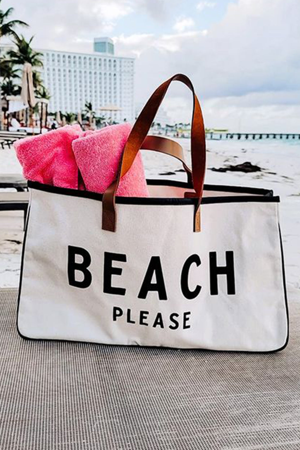 Bright White BEACH PLEASE Print Large Canvas Tote Bag