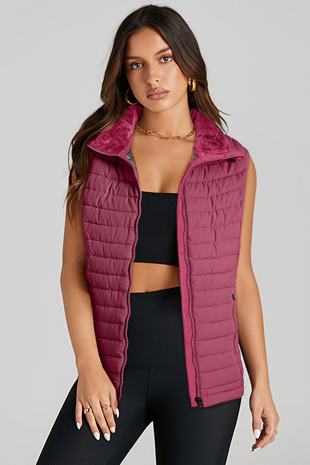 Silvery Plush Collared Quilted Zipped Puffer Vest