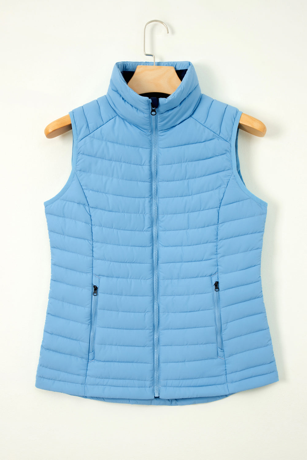 Silvery Plush Collared Quilted Zipped Puffer Vest