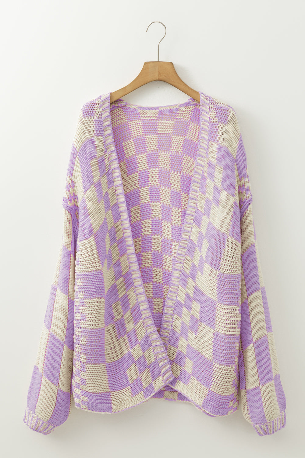 Dark Grey Colorblock Checked Loose Fit Open Front Knitted Cardigan