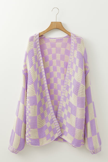 Dark Grey Colorblock Checked Loose Fit Open Front Knitted Cardigan