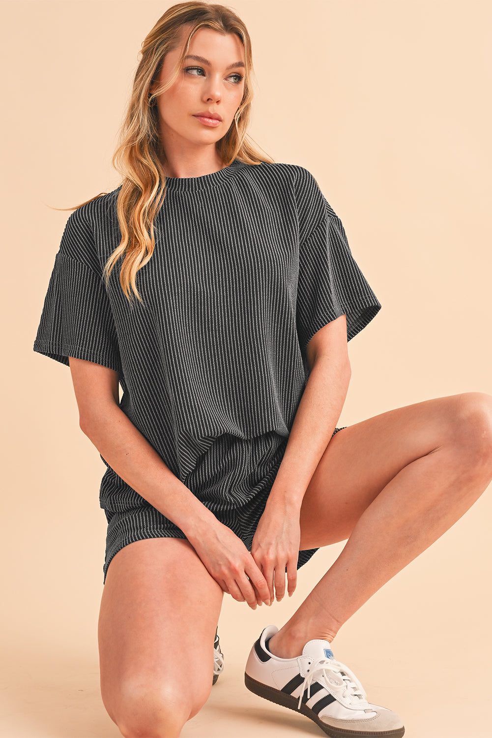 Carbon Grey Ribbed Textured Loose Fit Tee & Shorts Set