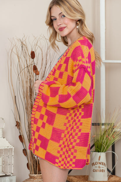 Dark Grey Colorblock Checked Loose Fit Open Front Knitted Cardigan