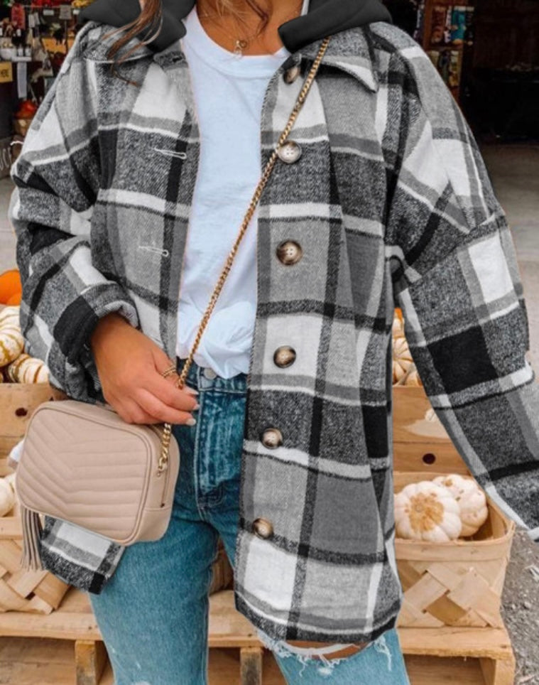 Black and Gray Plaid Hooded Shacket