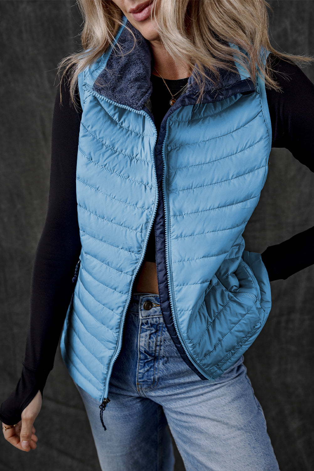 Silvery Plush Collared Quilted Zipped Puffer Vest