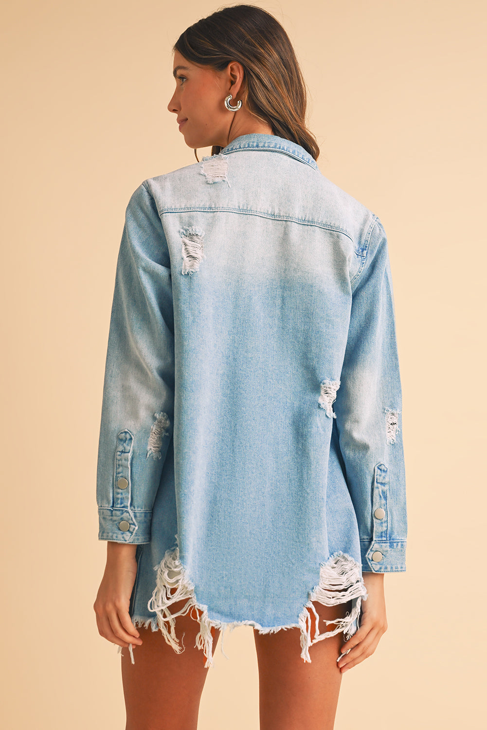 Sky Blue Light Wash Distressed Frayed Long Denim Jacket