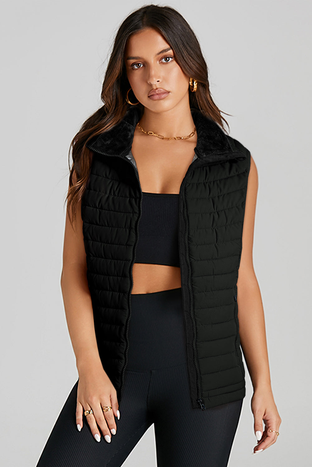 Silvery Plush Collared Quilted Zipped Puffer Vest