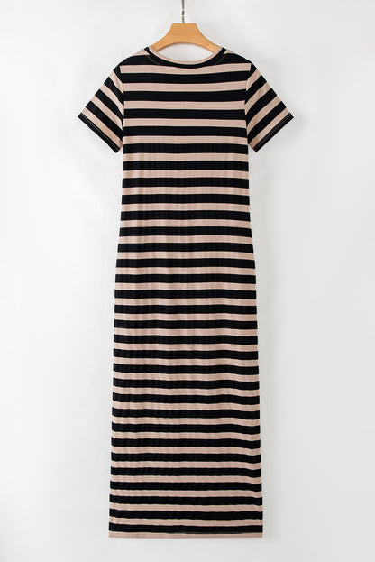 Black Striped Side Pockets T-shirt Maxi Dress