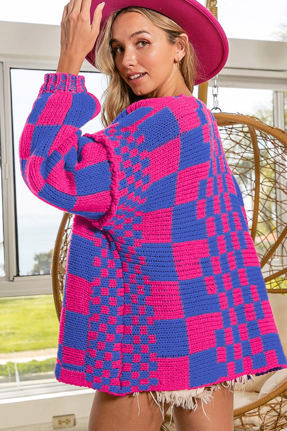 Dark Grey Colorblock Checked Loose Fit Open Front Knitted Cardigan