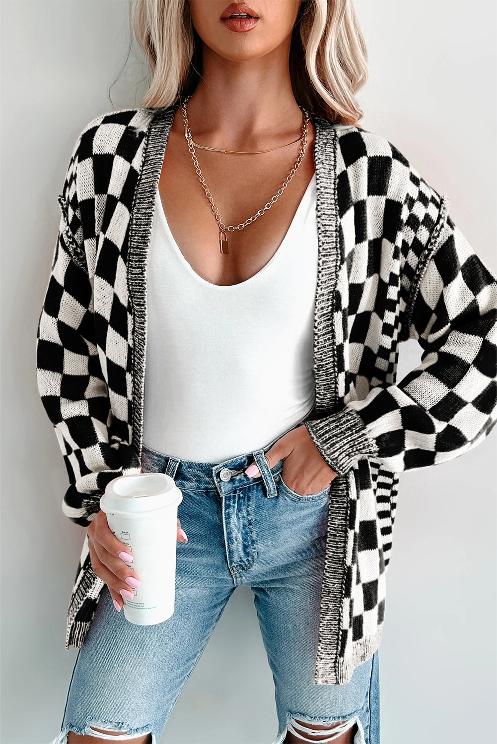 Orange Checkered Open Front Drop Shoulder Cardigan