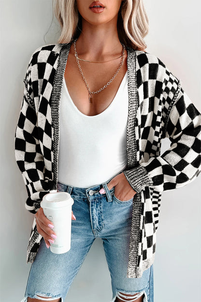 Orange Checkered Open Front Drop Shoulder Cardigan