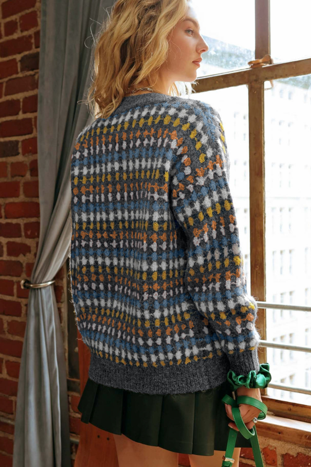 Multicolour Dotty Pattern Button Front V Neck Knit Cardigan
