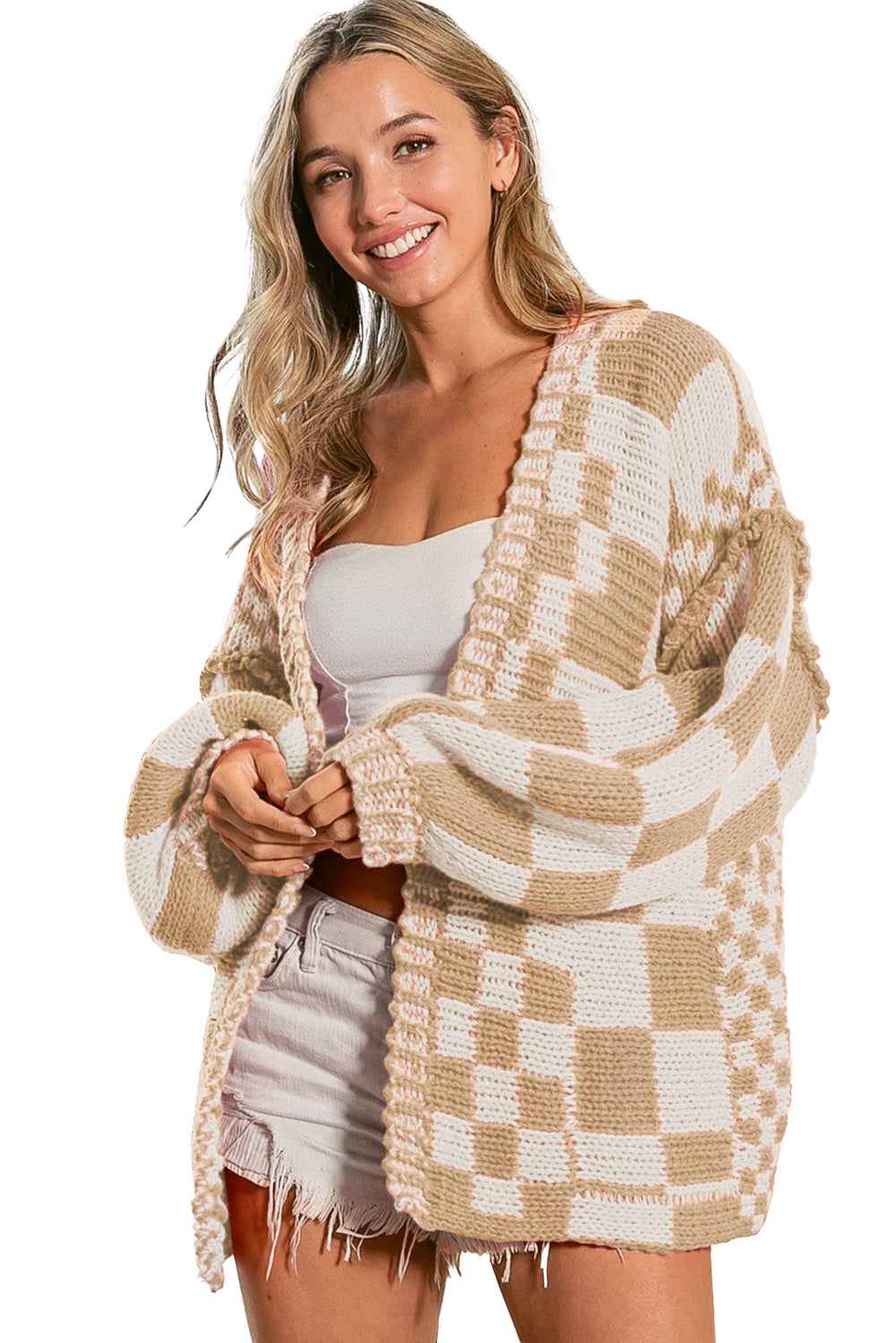 Dark Grey Colorblock Checked Loose Fit Open Front Knitted Cardigan