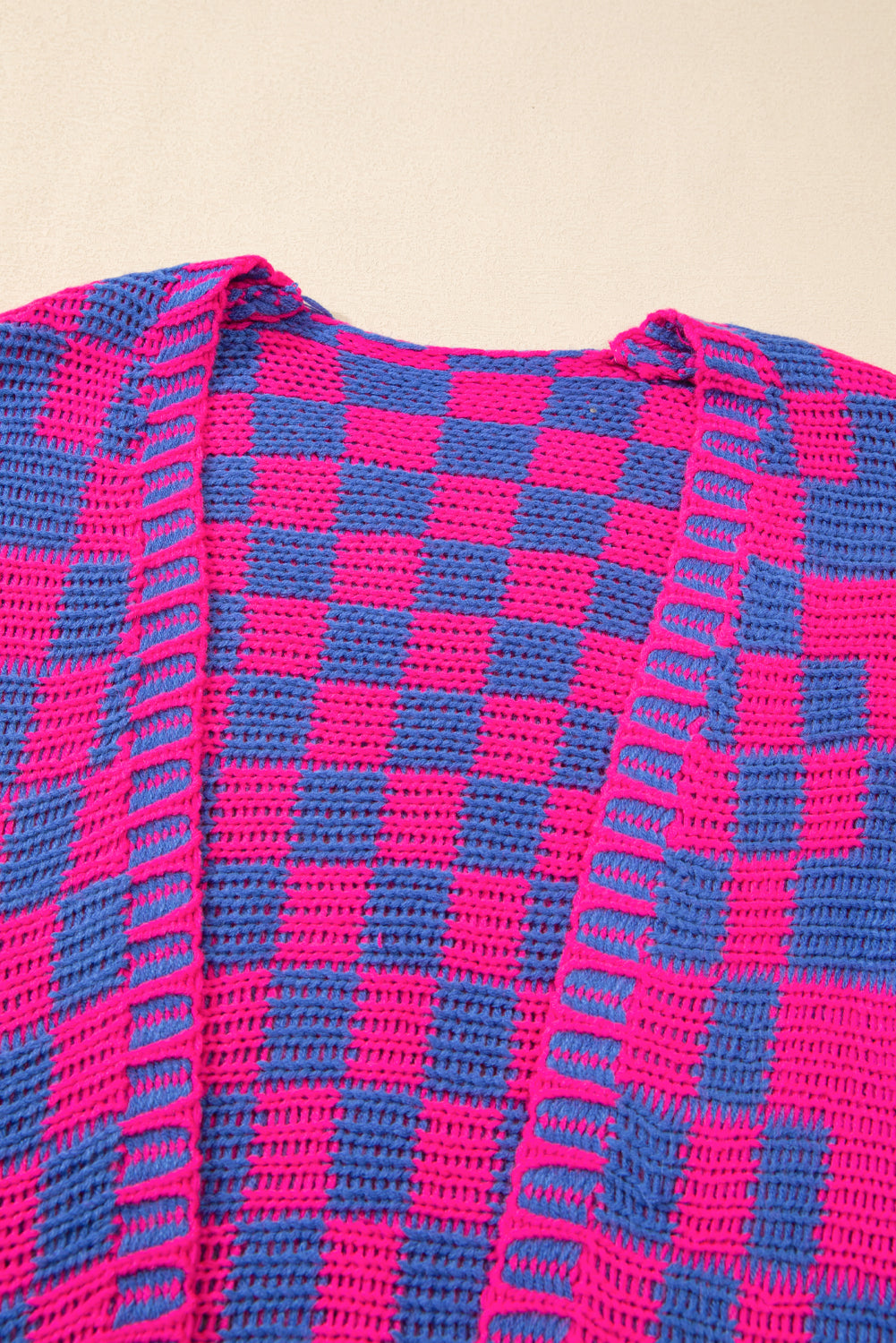 Dark Grey Colorblock Checked Loose Fit Open Front Knitted Cardigan